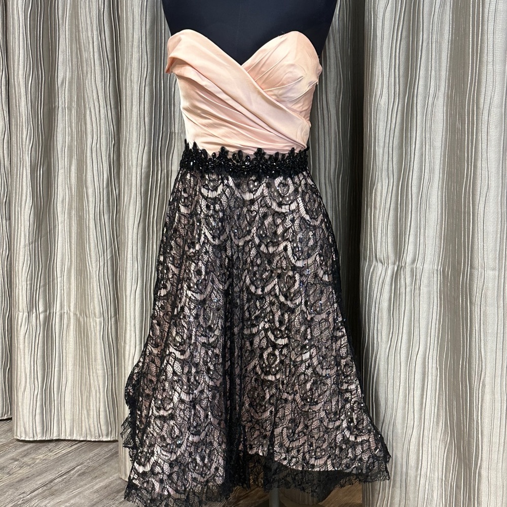 MacDuggal midi strapless light pink satin top black lace over pink lining size 4